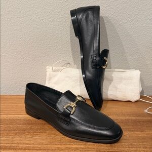 Zara Women’s Black Leather Loafers with Gold Buckle